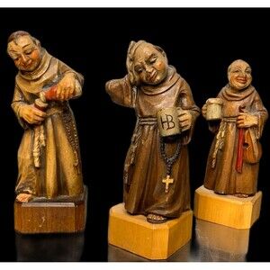 Vintage ANRI Signed Wooden Monks Friars: Rosary, Beer Mug & Violin –Italy HTF